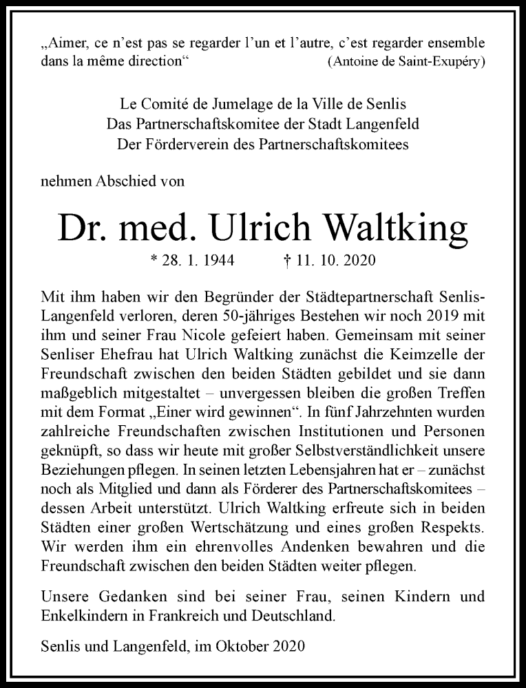  Traueranzeige für Ulrich Waltking vom 24.10.2020 aus Rheinische Post