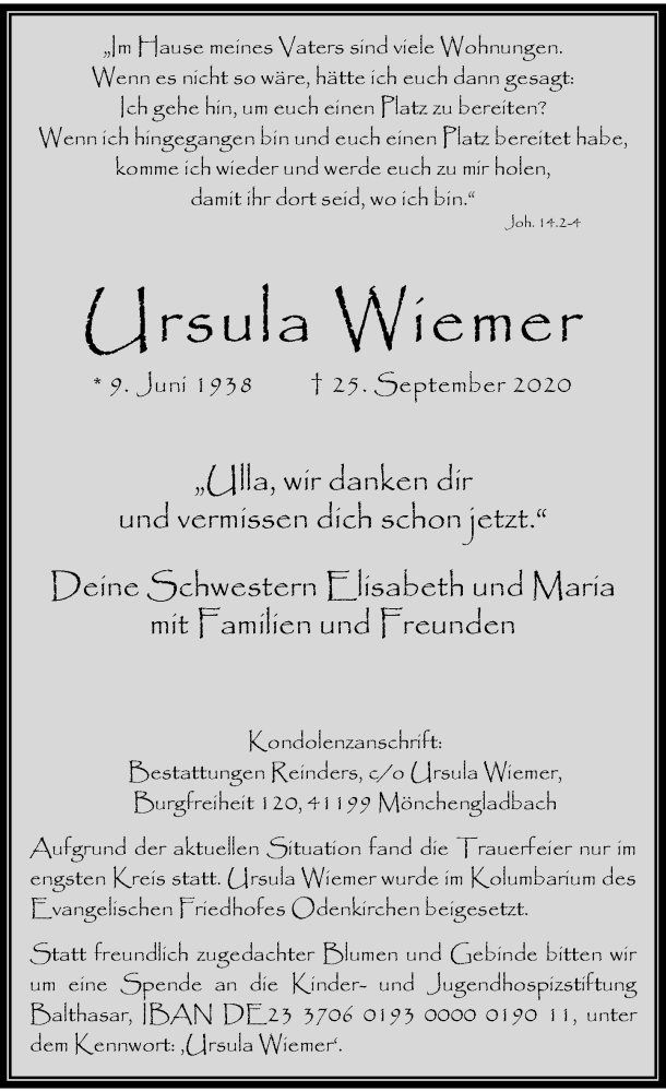  Traueranzeige für Ursula Wiemer vom 10.10.2020 aus Rheinische Post