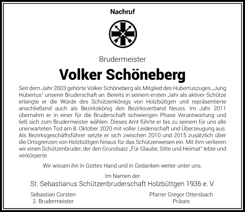 Traueranzeige für Volker Schöneberg vom 17.10.2020 aus Rheinische Post