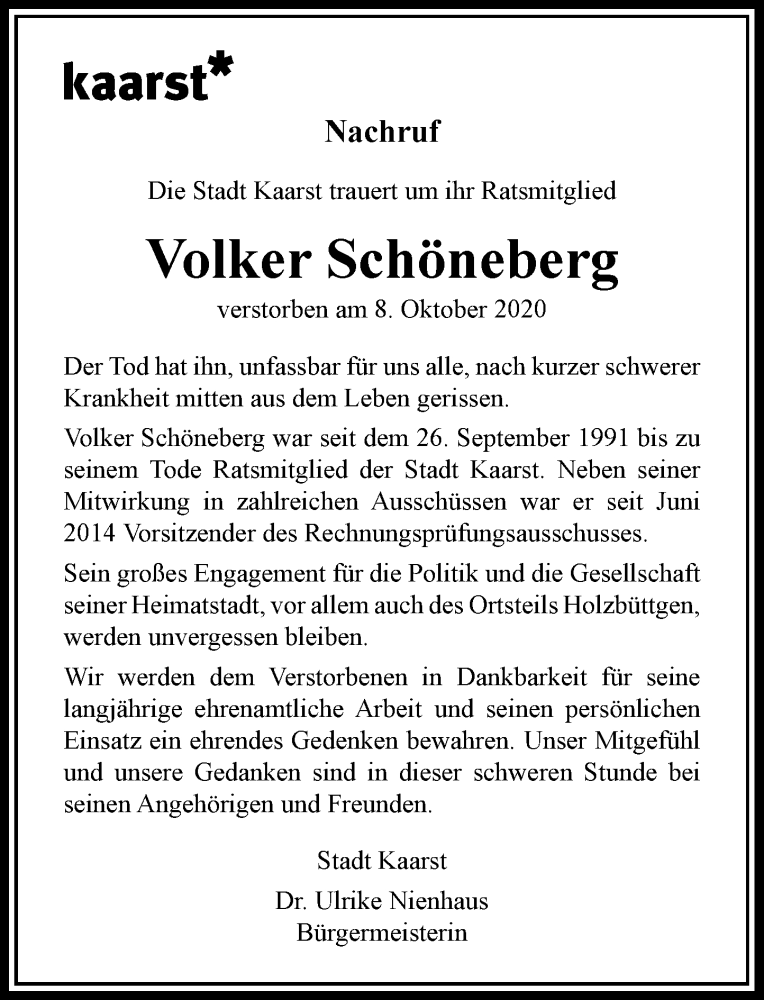  Traueranzeige für Volker Schöneberg vom 15.10.2020 aus Rheinische Post