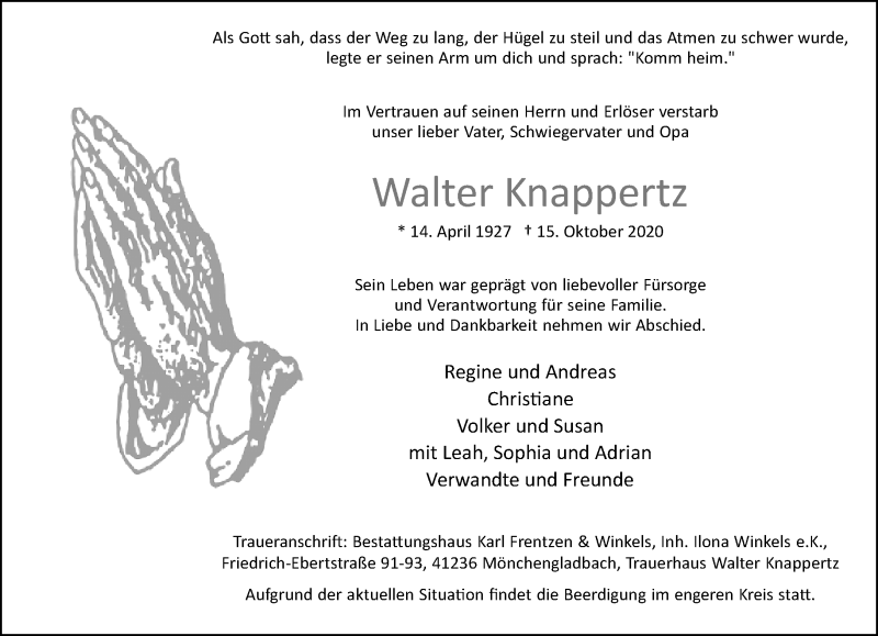  Traueranzeige für Walter Knappertz vom 24.10.2020 aus Rheinische Post