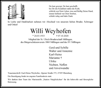 Traueranzeige von Willi Weyhofen von Rheinische Post