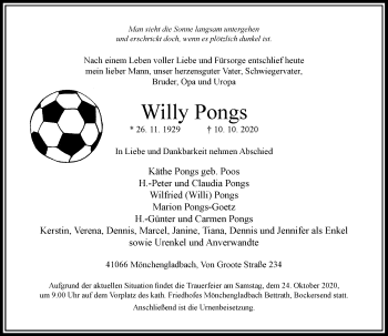 Traueranzeige von Willy Pongs von Rheinische Post