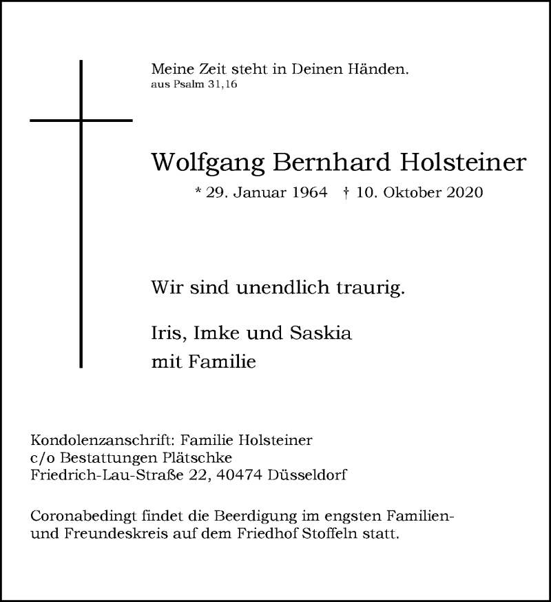  Traueranzeige für Wolfgang Bernhard Holsteiner vom 17.10.2020 aus Rheinische Post