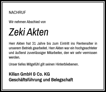 Traueranzeige von Zeki Akten von Rheinische Post