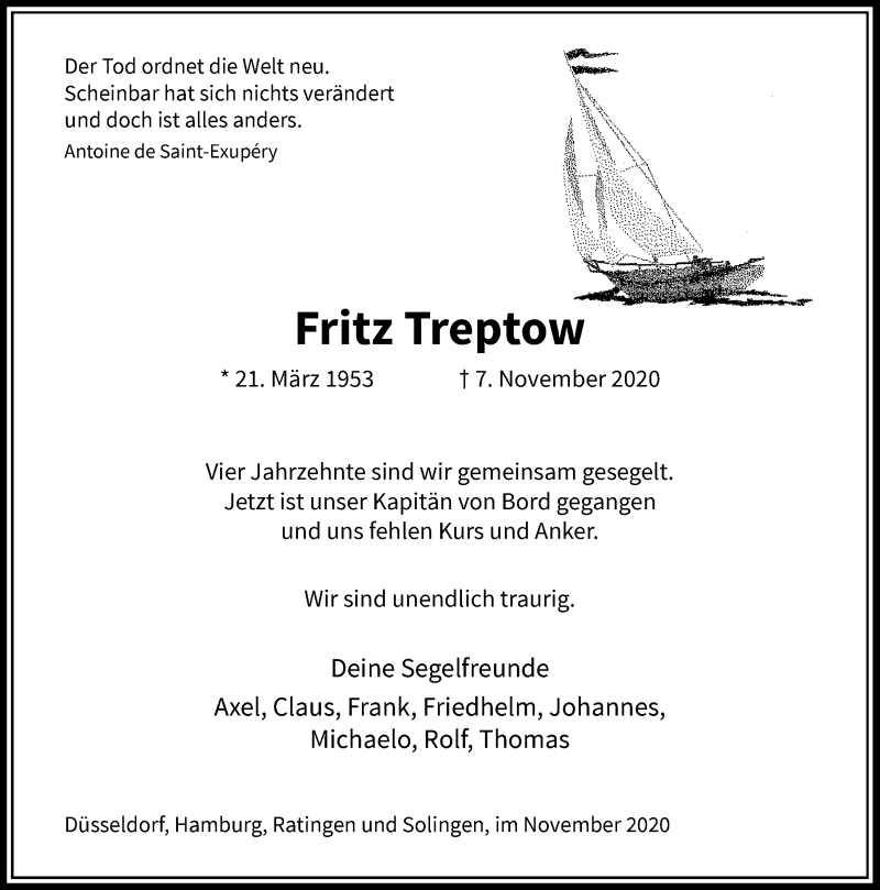  Traueranzeige für Fritz Treptow vom 14.11.2020 aus Rheinische Post