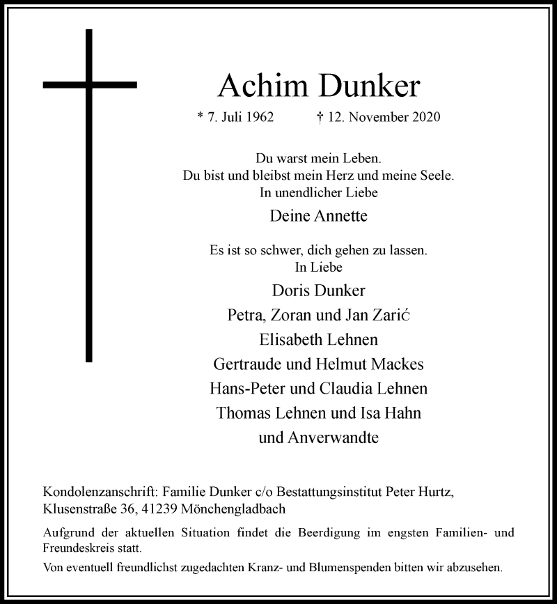  Traueranzeige für Achim Dunker vom 21.11.2020 aus Rheinische Post