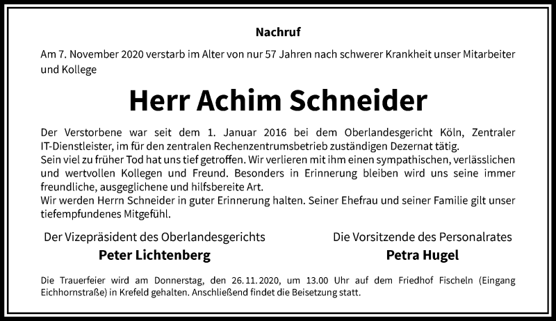  Traueranzeige für Achim Schneider vom 14.11.2020 aus Rheinische Post