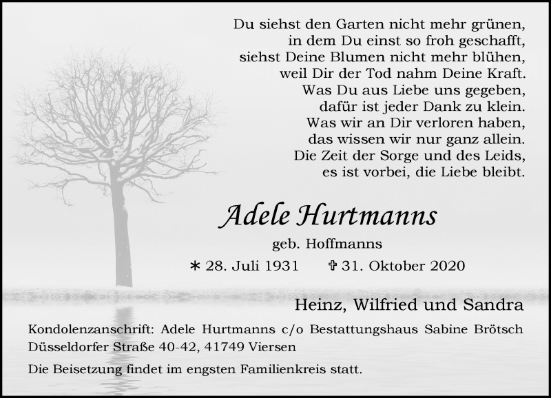  Traueranzeige für Adele Hurtmanns vom 14.11.2020 aus Rheinische Post
