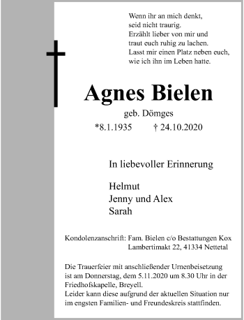 Traueranzeige von Agnes Bielen von Rheinische Post
