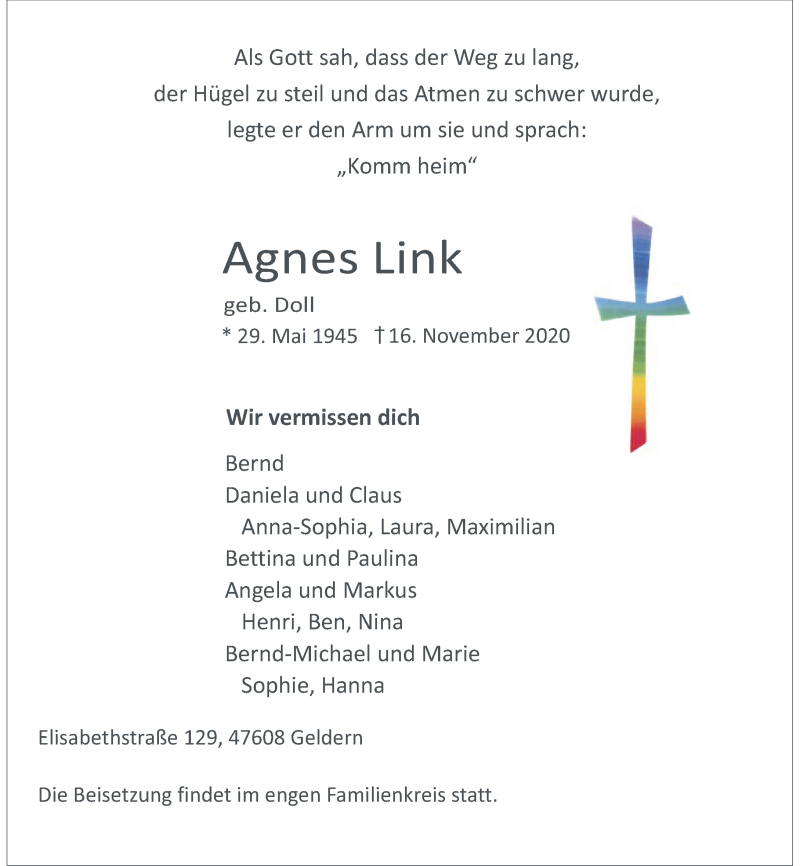  Traueranzeige für Agnes Link vom 18.11.2020 aus Rheinische Post