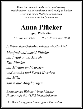 Traueranzeige von Anna Plücker von Rheinische Post