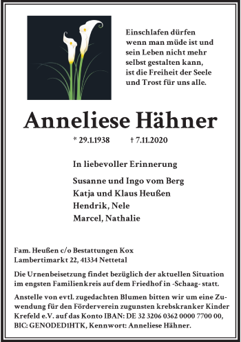 Traueranzeige von Anneliese Hähner von Rheinische Post