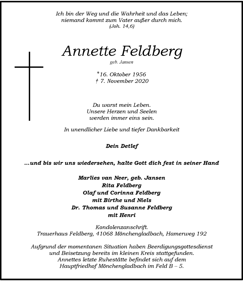  Traueranzeige für Annette Feldberg vom 14.11.2020 aus Rheinische Post