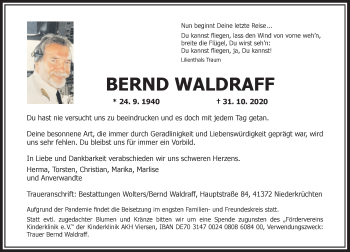 Traueranzeige von Bernd Waldraff von Rheinische Post