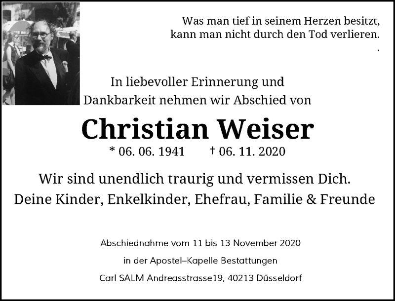  Traueranzeige für Christian Weiser vom 11.11.2020 aus Rheinische Post