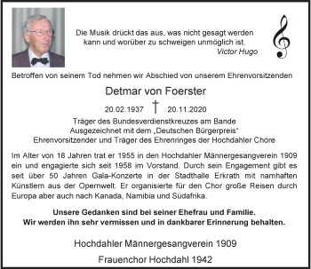 Traueranzeige von Detmar von Foerster von Rheinische Post