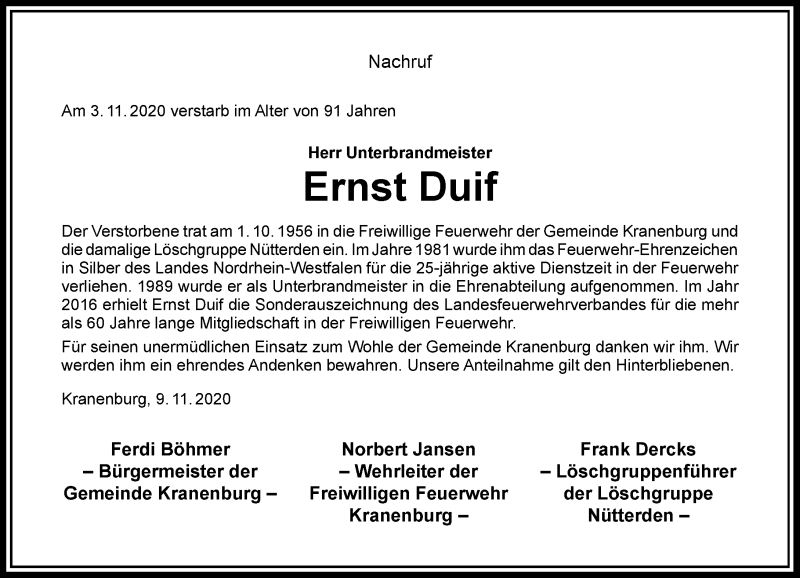  Traueranzeige für Ernst Duif vom 10.11.2020 aus Rheinische Post