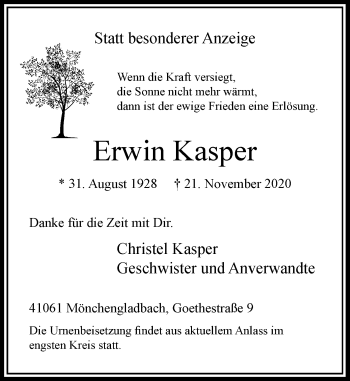 Traueranzeige von Erwin Kasper von Rheinische Post