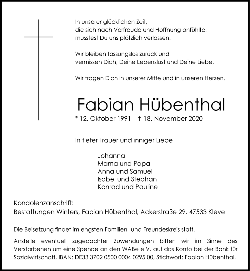  Traueranzeige für Fabian Hübenthal vom 26.11.2020 aus Rheinische Post