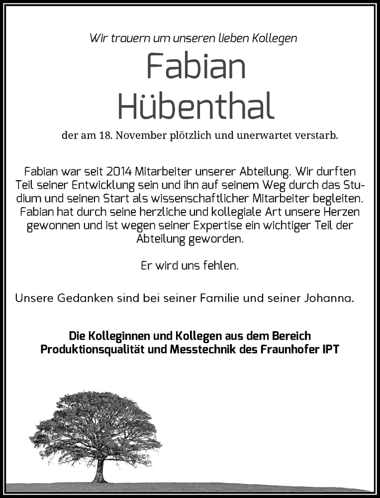  Traueranzeige für Fabian Hübenthal vom 28.11.2020 aus Rheinische Post