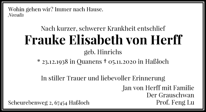  Traueranzeige für Frauke Elisabeth von Herff vom 20.11.2020 aus Rheinische Post