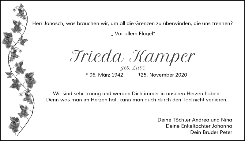  Traueranzeige für Frieda Kamper vom 28.11.2020 aus Rheinische Post