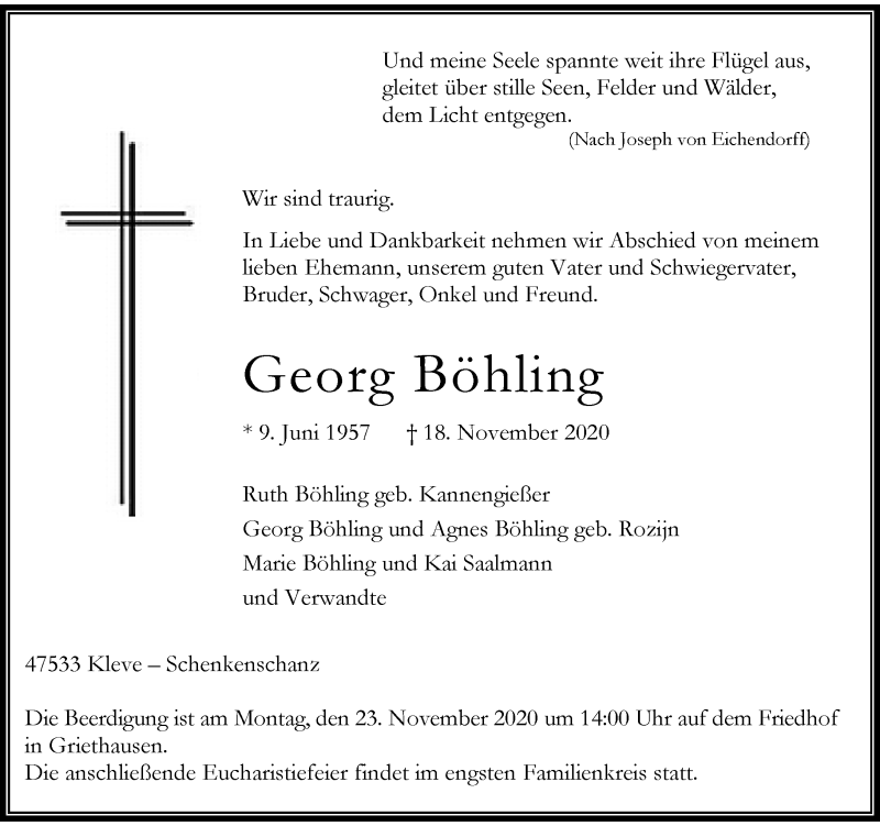  Traueranzeige für Georg Böhling vom 20.11.2020 aus Rheinische Post
