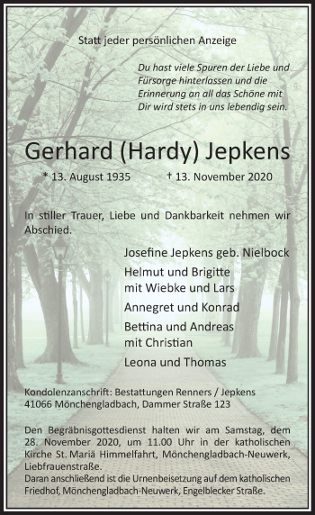 Traueranzeige von Gerhard  Jepkens von Rheinische Post