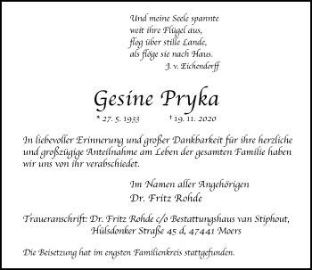 Traueranzeige von Gesine Pryka von Rheinische Post