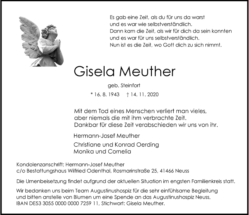  Traueranzeige für Gisela Meuther vom 21.11.2020 aus Rheinische Post