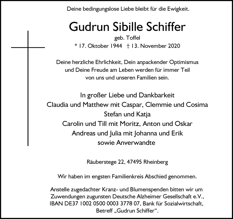  Traueranzeige für Gudrun Sibille Schiffer vom 28.11.2020 aus Rheinische Post
