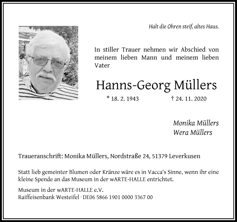  Traueranzeige für Hanns-Georg Müllers vom 01.12.2020 aus Rheinische Post