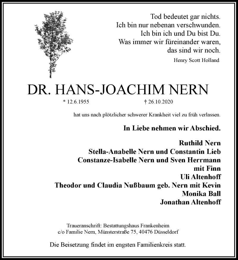  Traueranzeige für Hans-Joachim Nern vom 11.11.2020 aus Rheinische Post