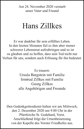 Traueranzeige von Hans Zillkes von Rheinische Post