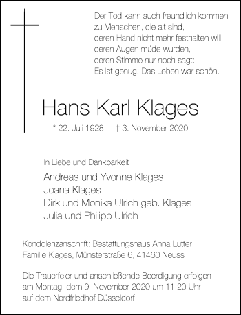 Traueranzeige von Hans Karl Klages von Rheinische Post