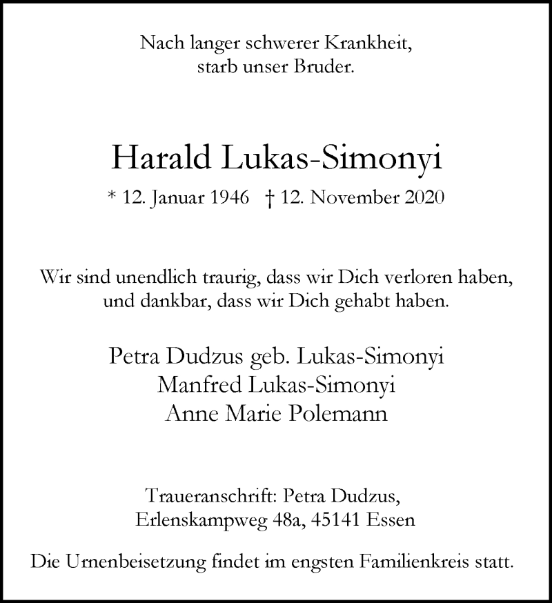  Traueranzeige für Harald Lukas-Simonyi vom 21.11.2020 aus Rheinische Post
