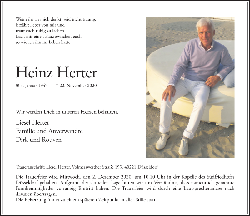  Traueranzeige für Heinz Herter vom 28.11.2020 aus Rheinische Post