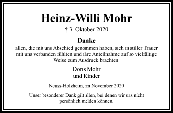 Traueranzeige von Heinz-Willi Mohr von Rheinische Post