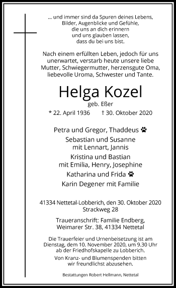 Traueranzeige von Helga Kozel von Rheinische Post