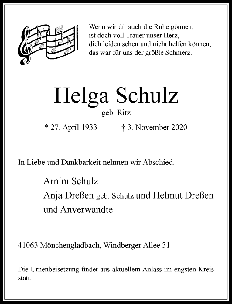  Traueranzeige für Helga Schulz vom 14.11.2020 aus Rheinische Post