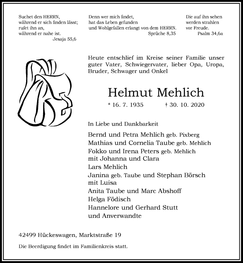  Traueranzeige für Helmut Mehlich vom 04.11.2020 aus Rheinische Post