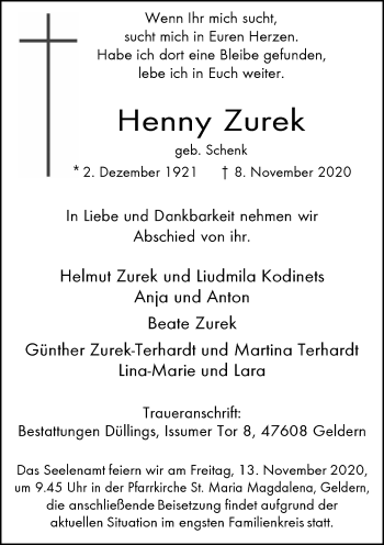 Traueranzeige von Henny Zurek von Rheinische Post