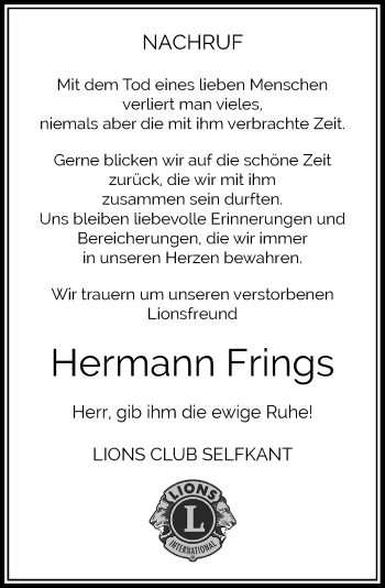 Traueranzeige von Hermann Frings von Rheinische Post