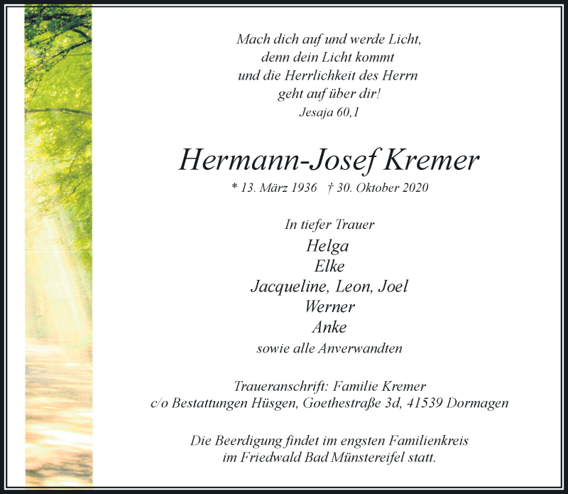 Traueranzeige für Hermann-Josef Kremer vom 10.11.2020 aus Rheinische Post