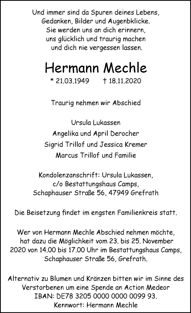  Traueranzeige für Hermann Mechle vom 21.11.2020 aus Rheinische Post