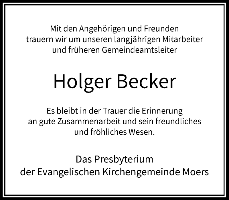  Traueranzeige für Holger Becker vom 20.11.2020 aus Rheinische Post