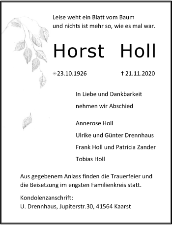 Traueranzeige von Horst Holl von Rheinische Post