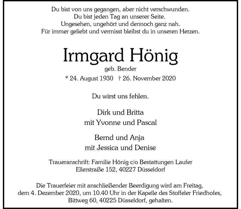 Traueranzeige für Irmgard Hönig vom 28.11.2020 aus Rheinische Post