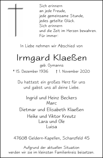 Traueranzeige von Irmgard Klaeßen von Rheinische Post